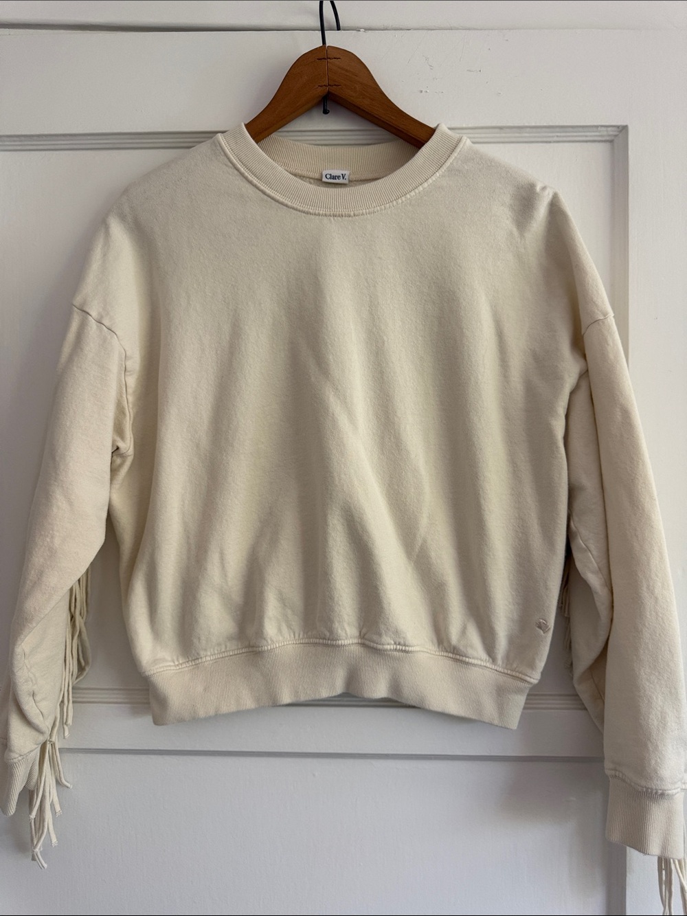 Clare V Cream Crewneck with Fringe Sleeve Detail